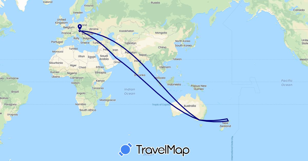 TravelMap itinerary: driving in United Arab Emirates, Austria, Australia, New Zealand (Asia, Europe, Oceania)